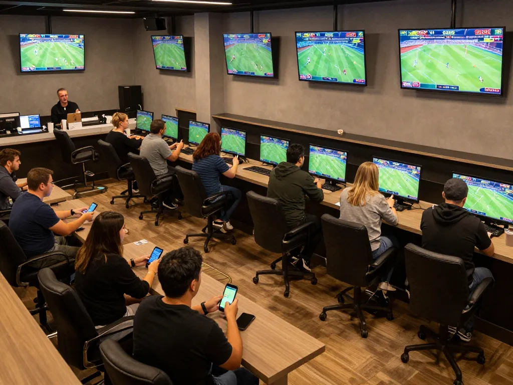 Patrons actively engaging in sports betting while analyzing keo nha cai odds on their devices
