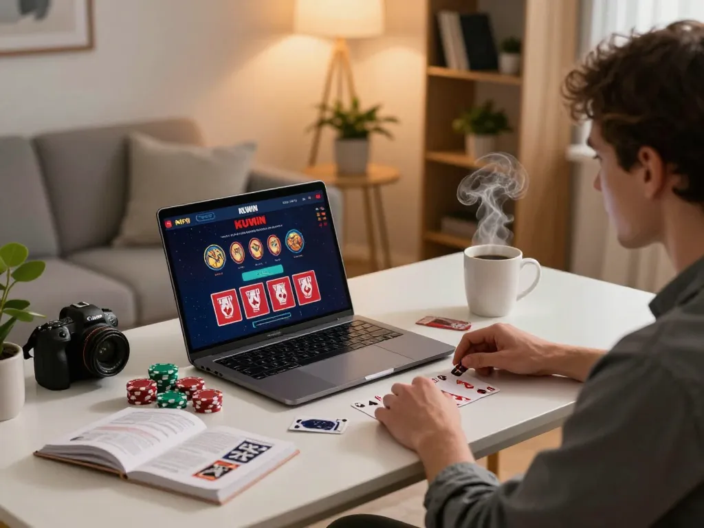 Engaging in online gambling on KUWIN platform with poker chips and strategy notes during a cozy home session