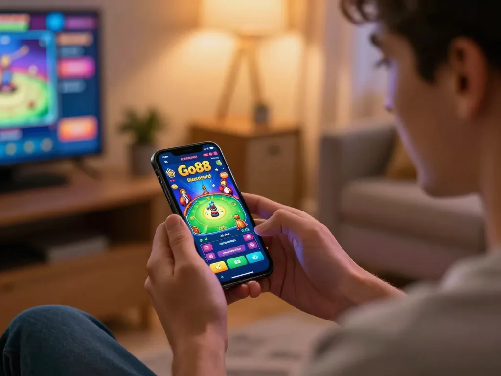 Player enjoying Go88 mobile app for online casino gaming in a cozy home setting.