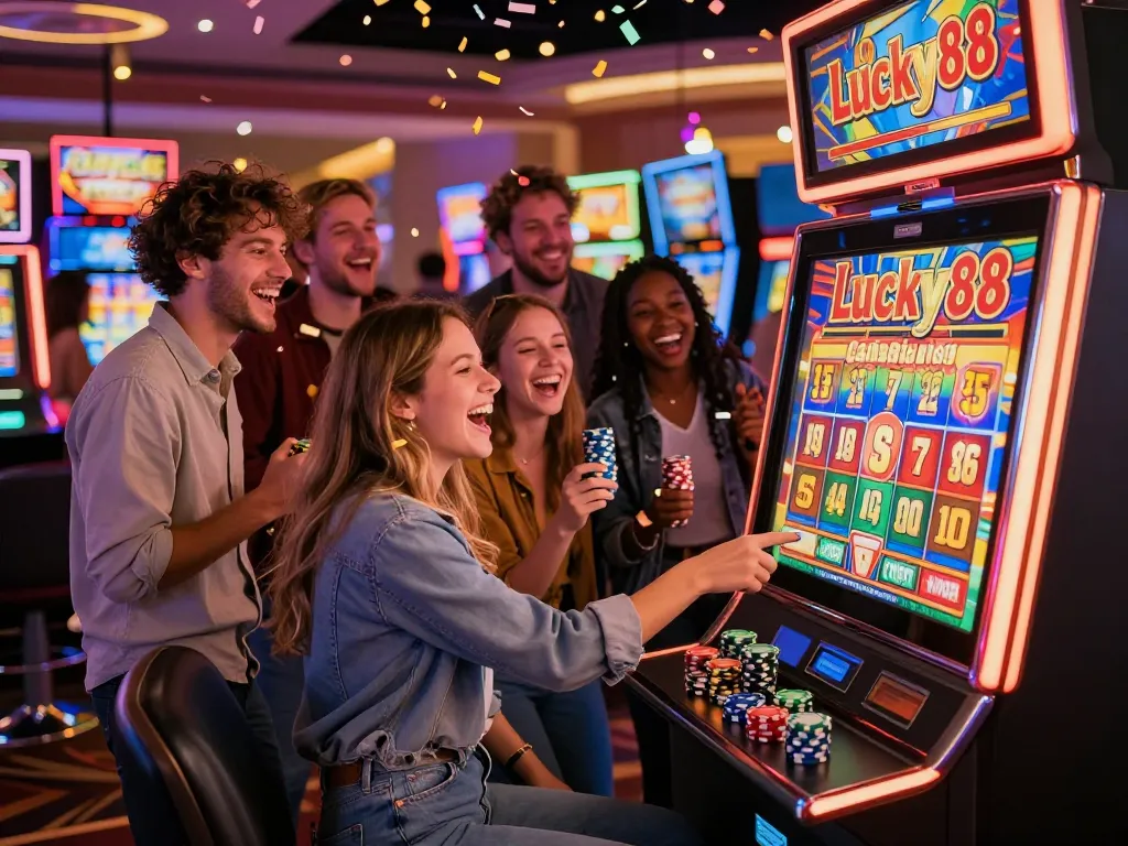 Friends celebrating their big win at the Lucky88 slot machine in a vibrant casino atmosphere.