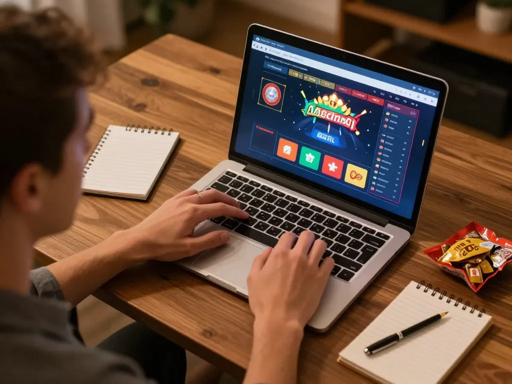 Engaging online gaming with Nk881 sa com on laptop, showcasing responsible gambling strategy.
