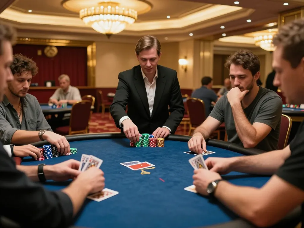 Players experiencing high-stakes poker at 789win casino, focused on complex strategies and chip management.