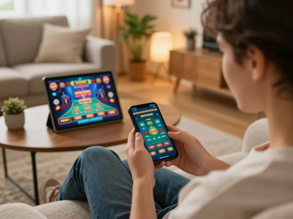 Accessing the exciting gaming experience at Link vào NOHU90 through a mobile app on the couch.