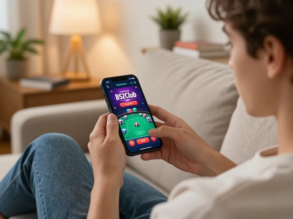 B52Club user enjoying a poker game on their smartphone in a cozy living room setting.
