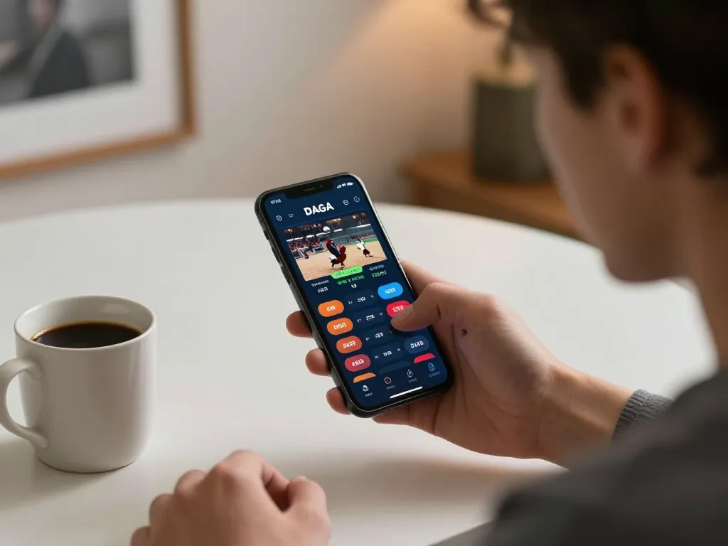 Engaging with live DAGA betting app showcasing real-time odds and cockfighting matches.