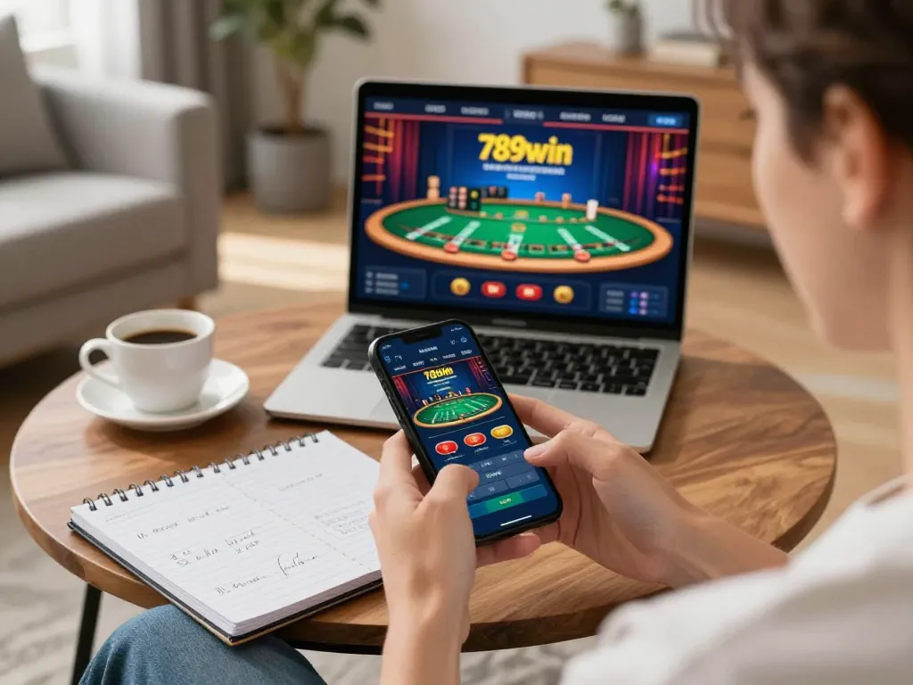 Engaging with the 789win casino app on a smartphone in a stylish living room.