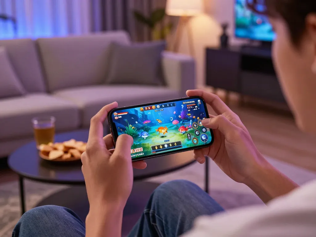 Engaging gameplay of game bắn cá đổi thưởng on a smartphone in a cozy setting.