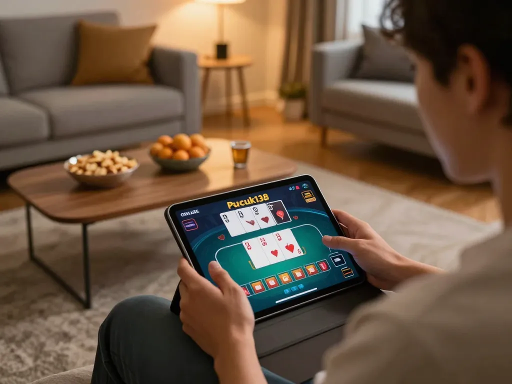 Pucuk138 online betting with a cozy setup showcasing an engaging poker game on tablet.