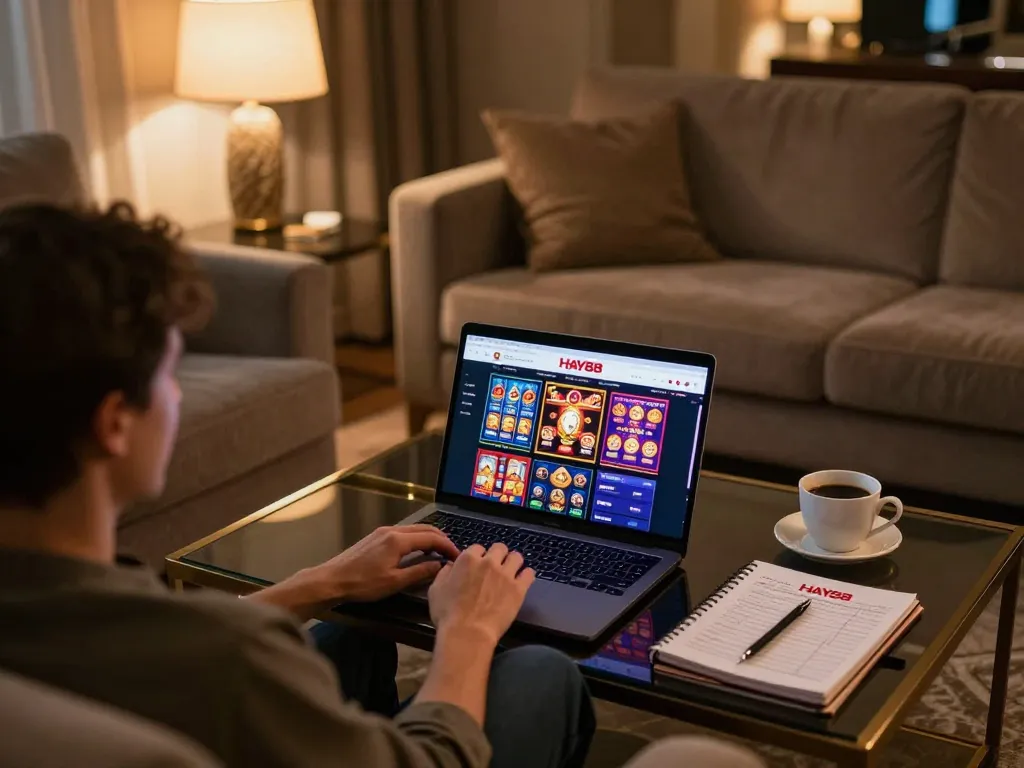 Engaging online gaming experience with HAY88x on a laptop in a cozy home setting.