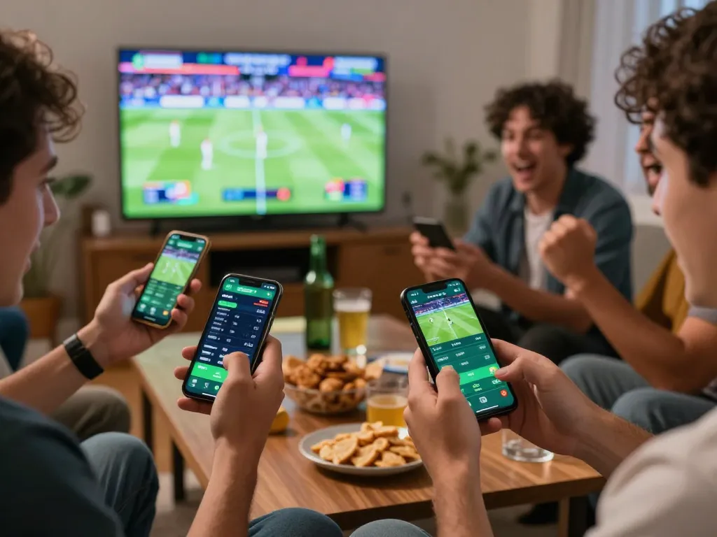 Engaging scene of dynamic online sports betting with real-time tỷ lệ kèo nhà cái visible on smartphones during an exciting football match.