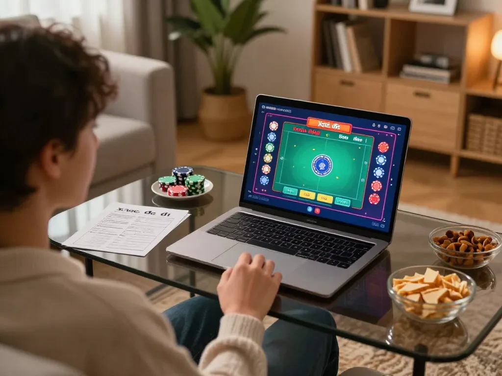xóc đĩa online gameplay on a laptop, showcasing betting strategies and home comfort.