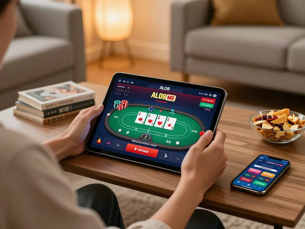 Person engaged in online gaming with ALO8 ME interface on tablet in cozy living room environment.