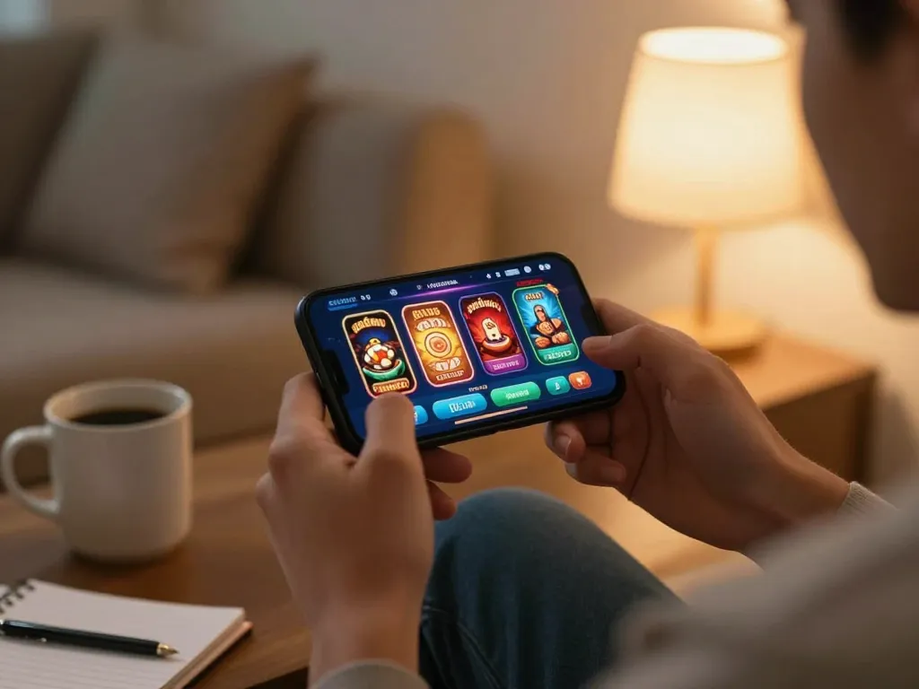 Player enjoying engaging mobile casino games on kkwin app at home, showcasing interactive gameplay.