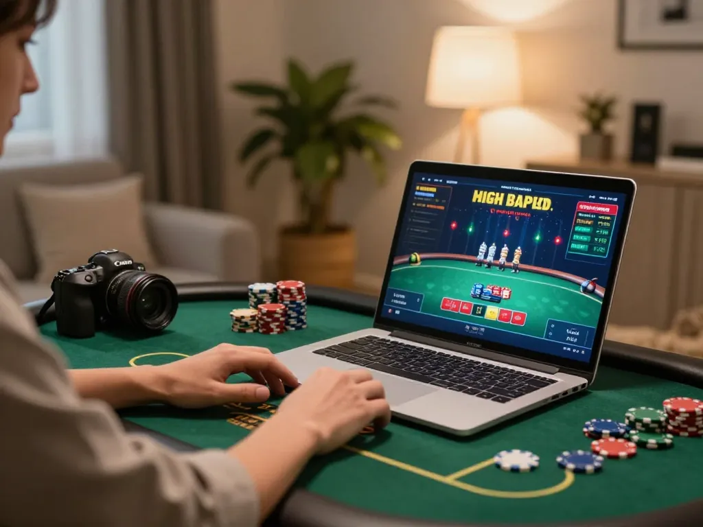 WALA88 user engaging in online poker betting at home with chips and game interface visible.