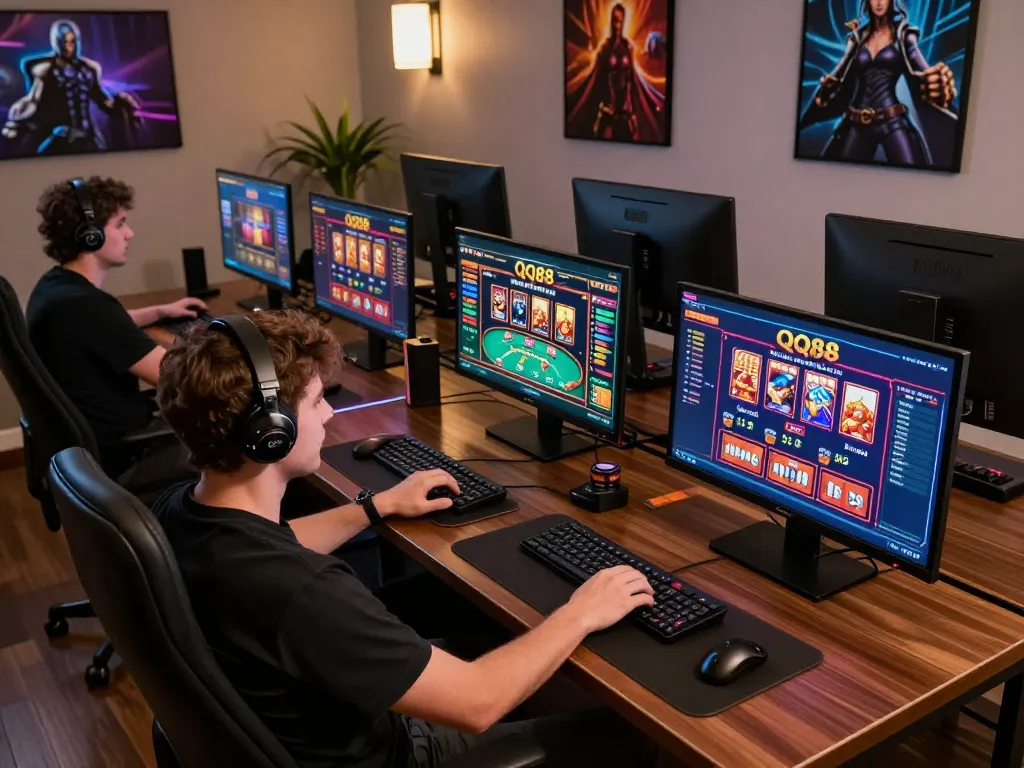 Engaging session at QQ88 online casino, showcasing multiple screens and vibrant gameplay.