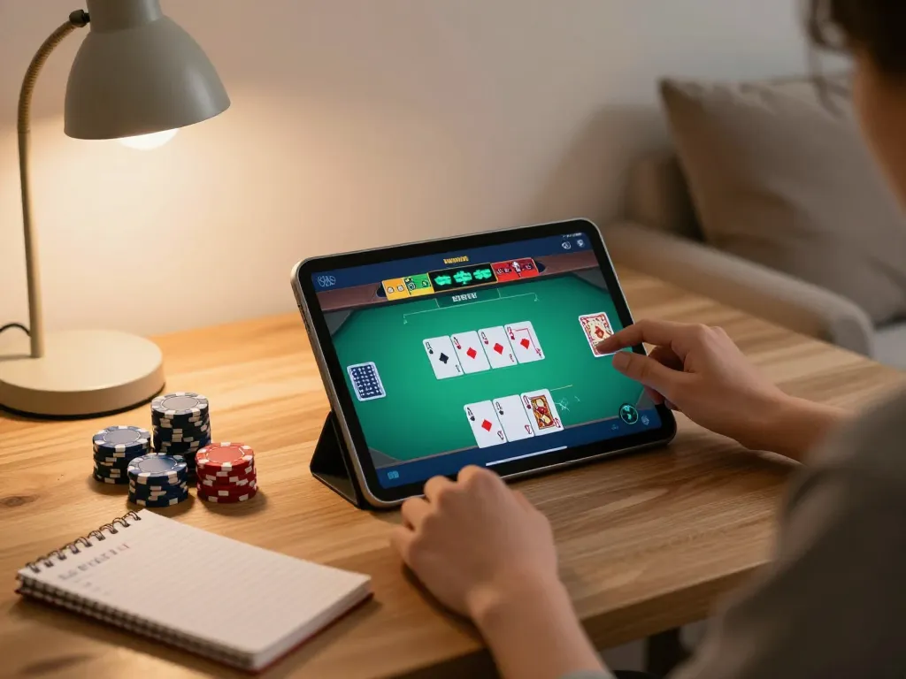Play poker online with 555WIN on a tablet in a cozy home setting, showcasing gameplay.
