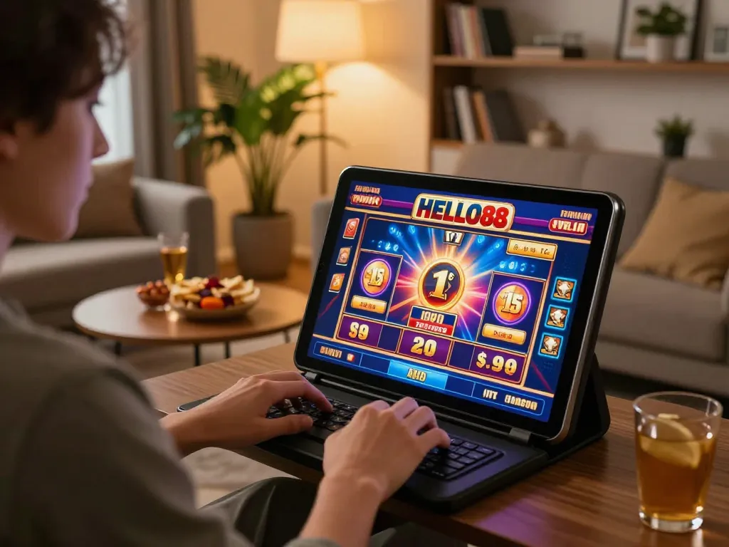 Player engaging with HELLO88 slots on a tablet in a cozy home setting, capturing the excitement of online gambling