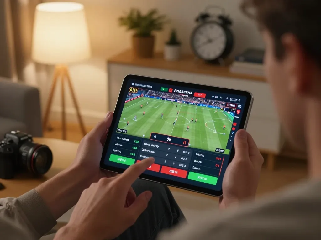 Engaging in live betting on O8 com in a cozy home setting, showcasing a tablet screen filled with sports action.