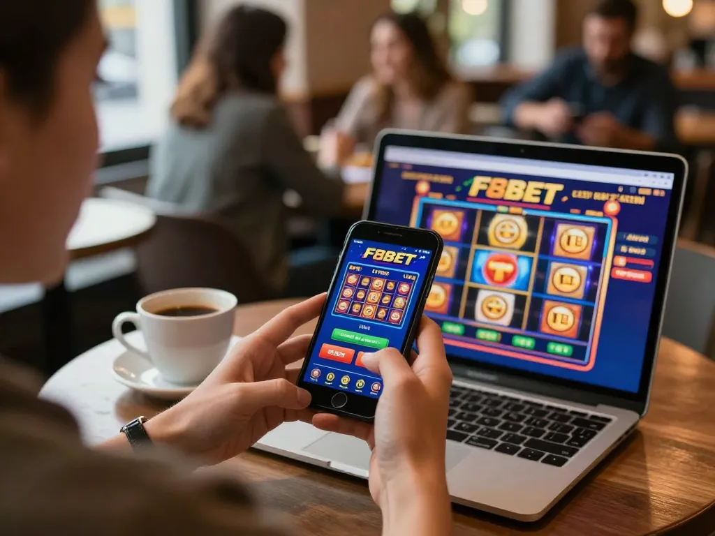 Player engaging with F8BET app on smartphone in a lively cafe setting, showcasing mobile gambling.