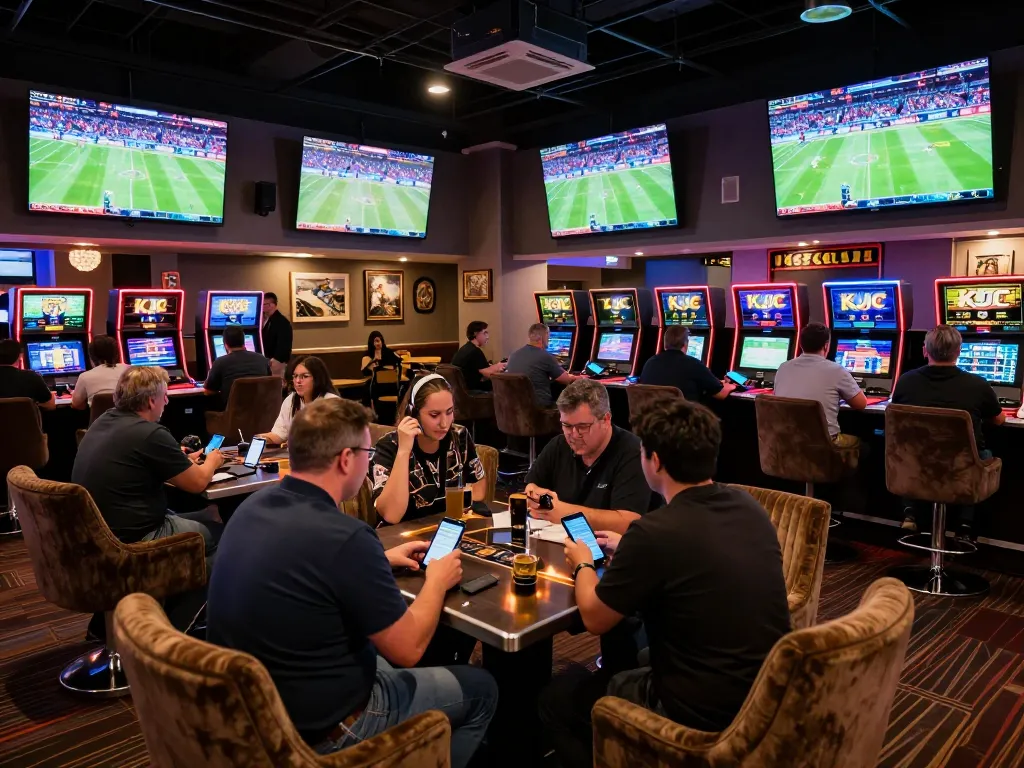 KJC sports enthusiasts engaging in dynamic betting activities within a modern casino.