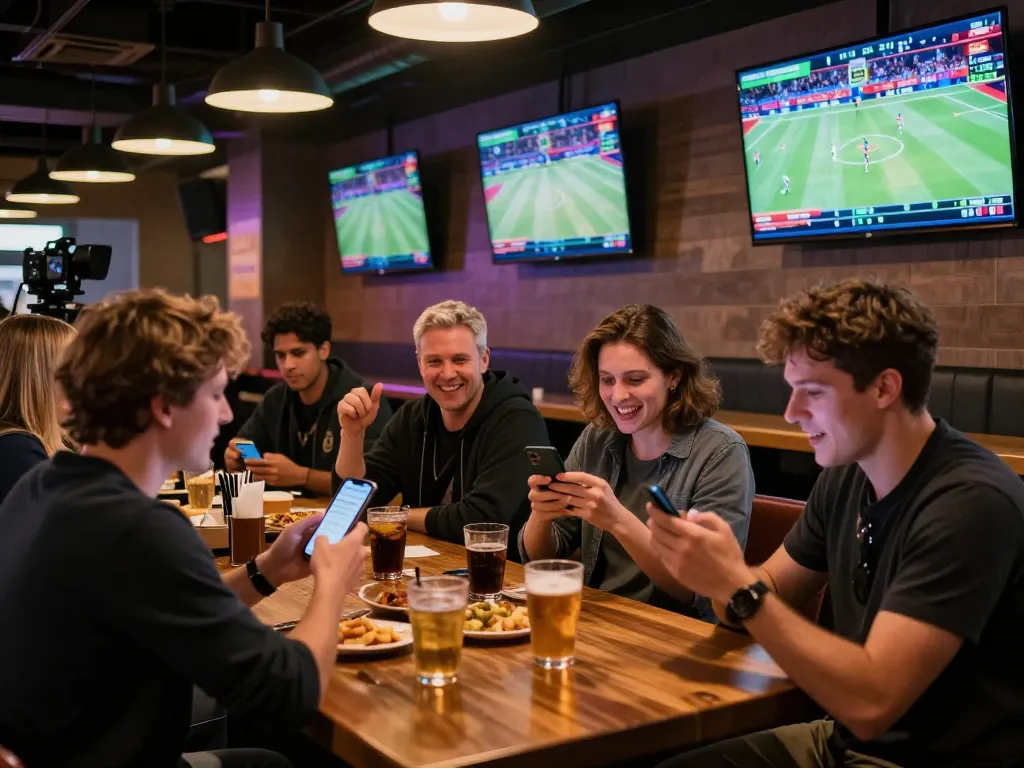 Excited patrons placing bets on 23Win during a live sports event in a vibrant setting.