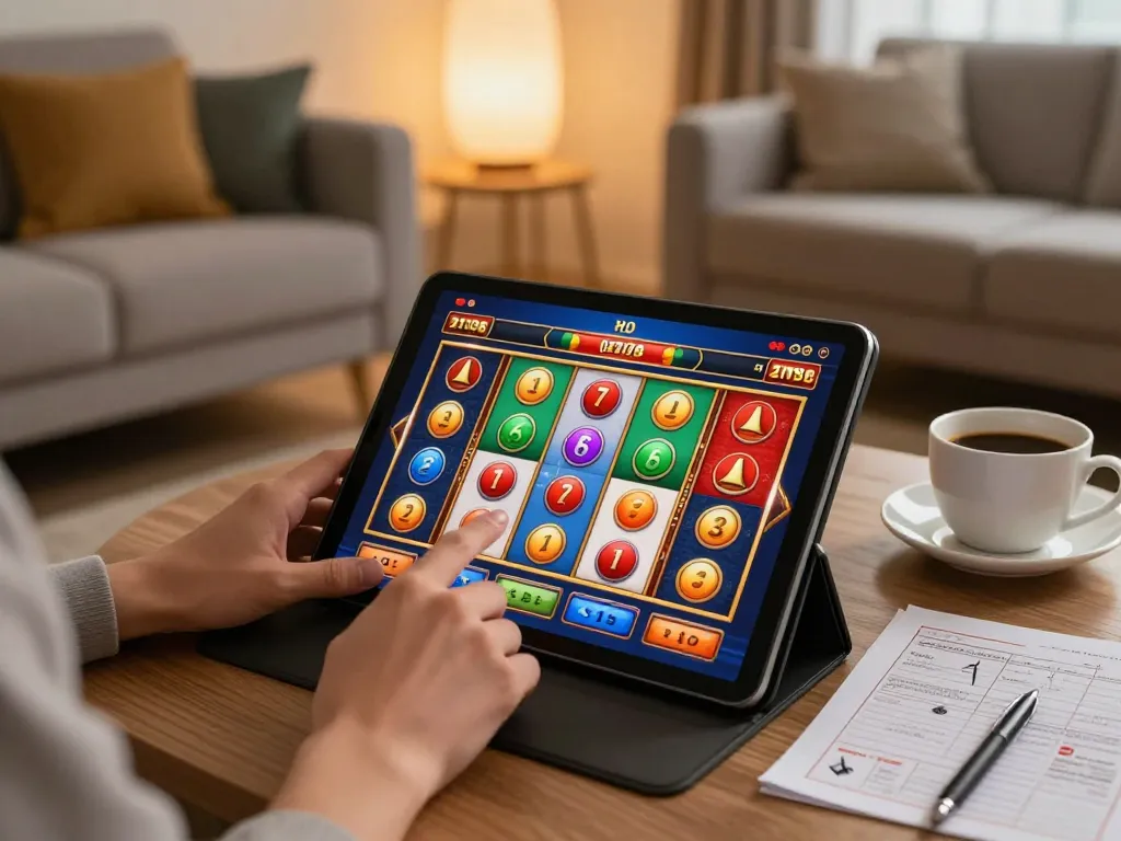 Person enjoying online gambling with ok365 app on tablet, colorful slots spinning in a cozy home.