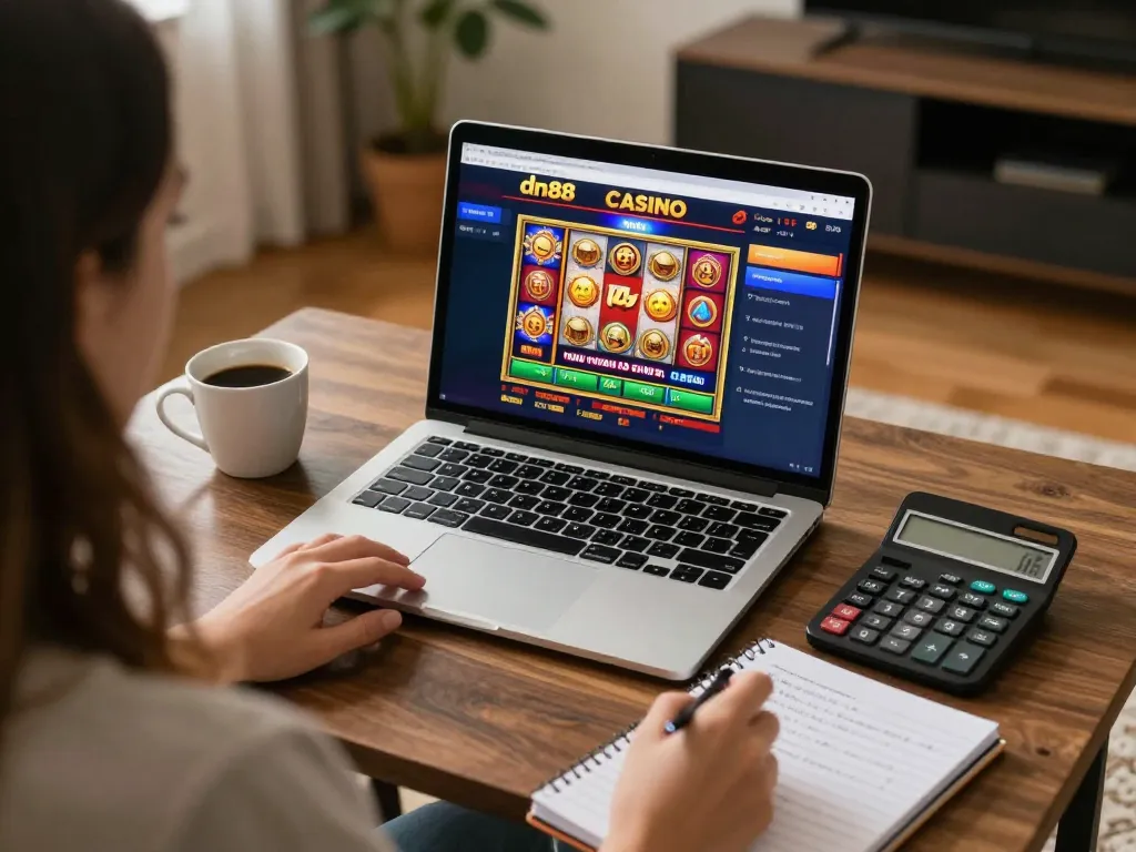 Player enjoying dn88 casino on a laptop with sports betting options and warm home atmosphere
