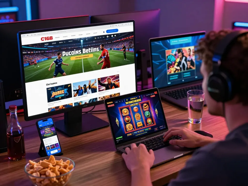 C168 online gaming platform with users engaging on various devices in a vibrant gaming room.