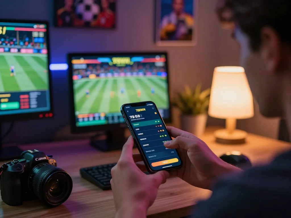 Engaging in live sports betting on 789WIN app, smartphone displaying competitive odds in modern setting.