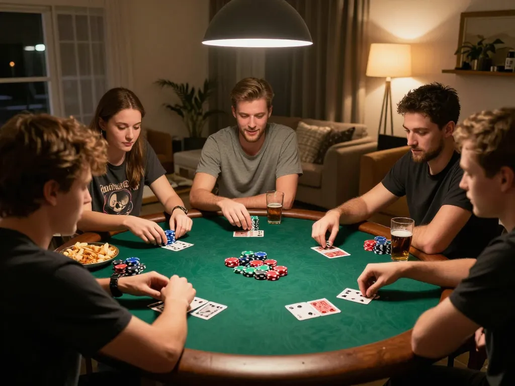 Twin68 poker night scene: friends engaging in an exciting game at home.