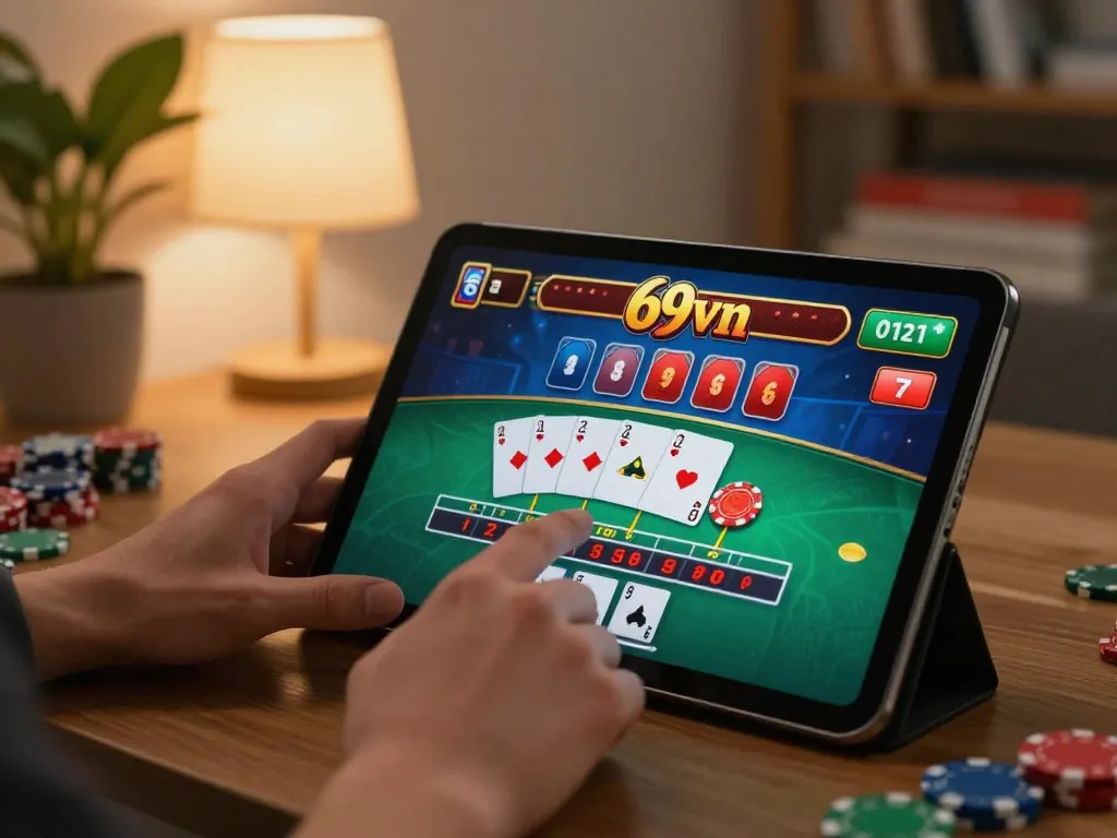 Player engaging in 69vn blackjack game on tablet in cozy home setup, showing excitement and strategic play