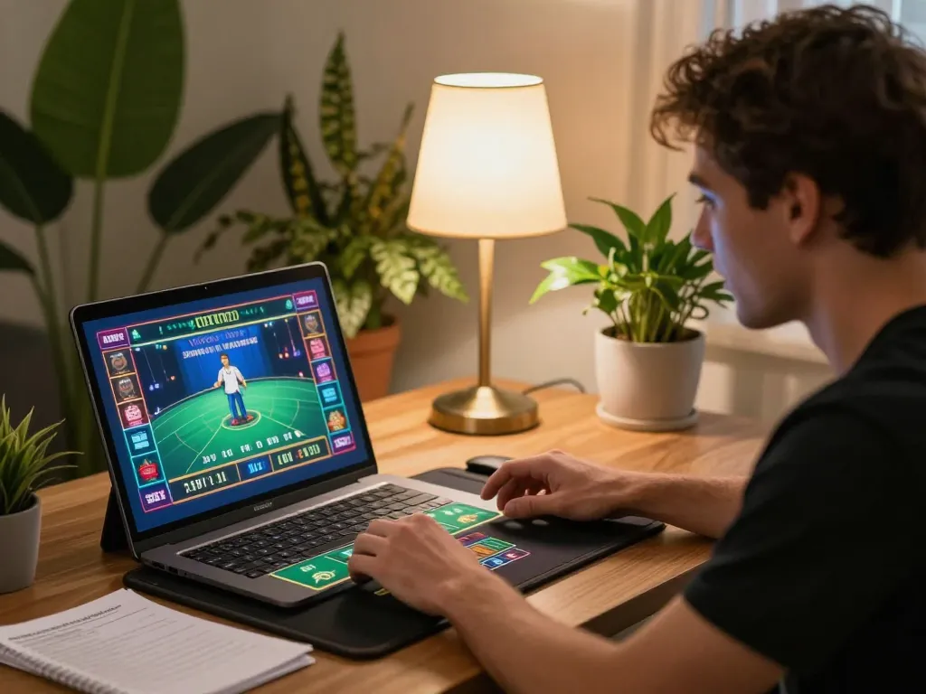 Engaging in a live dealer game on nk88vip, a player enjoys a cozy home setup.