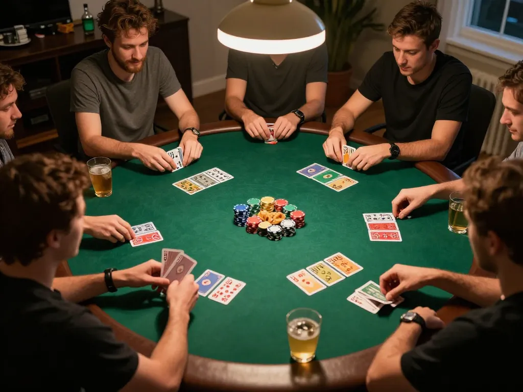 Players strategizing in a friendly poker game showcasing keonhacai dynamics in a social setting.