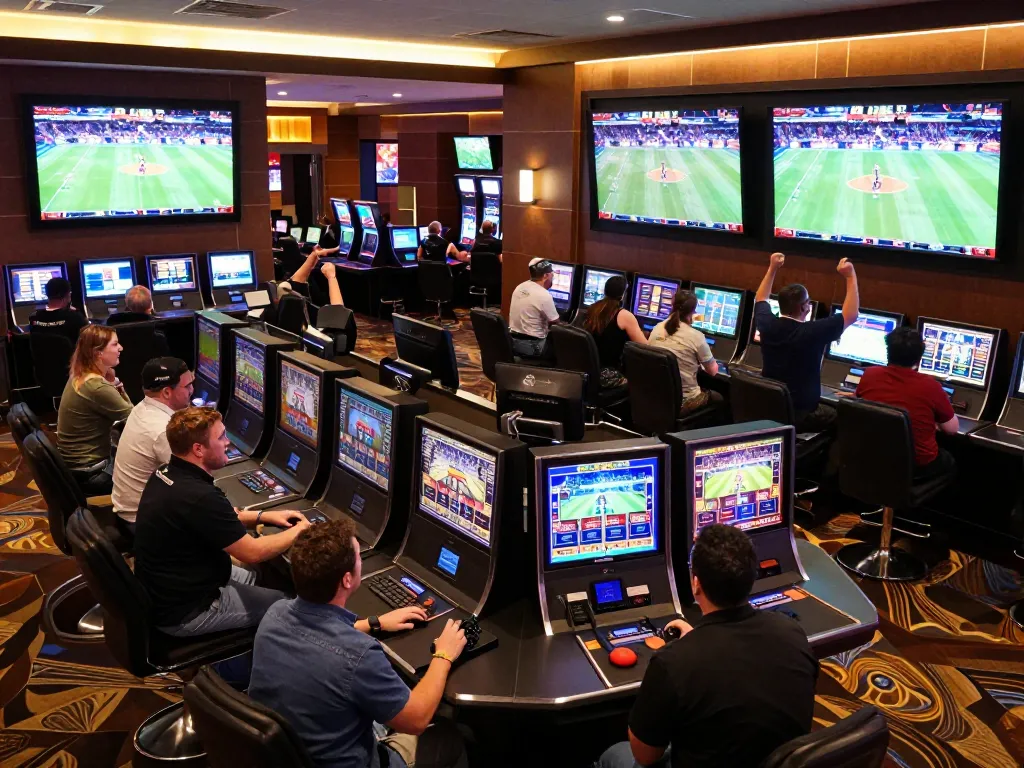 Excited patrons placing bets on the latest matches with Keo nha cai 5 at a vibrant betting lounge