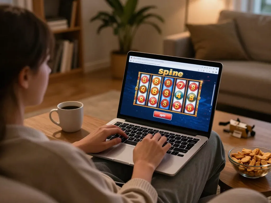 Engaging in slot88 resmi online gaming at home with a laptop in a cozy atmosphere.