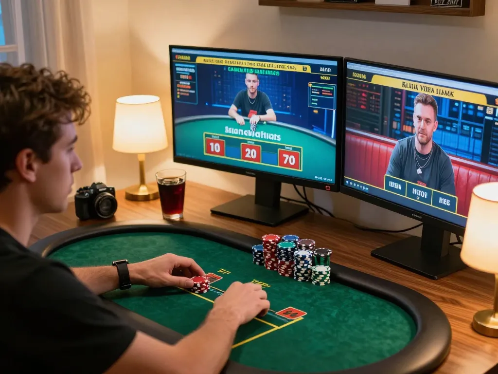 Online gambler making smart bets on com while enjoying live casino games at home