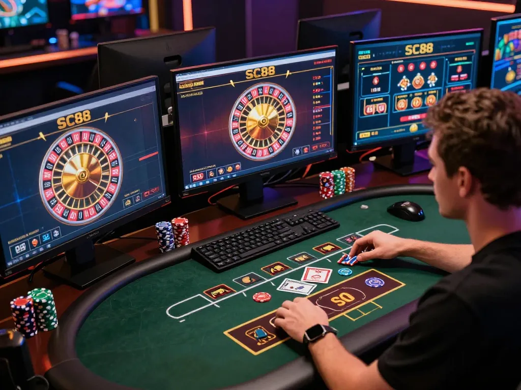Engagingly betting on SC88 Com casino games at a sophisticated online gaming setup, showcasing multiple screens.