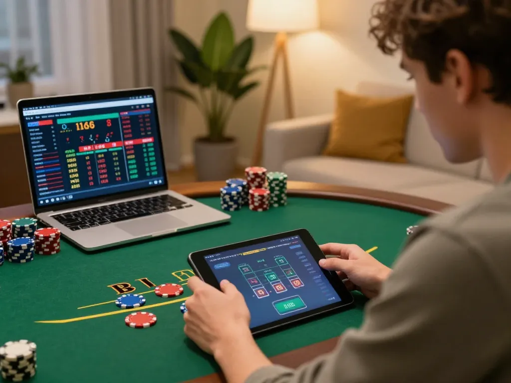 Player strategizing at LC88 online blackjack table on tablet for better calls