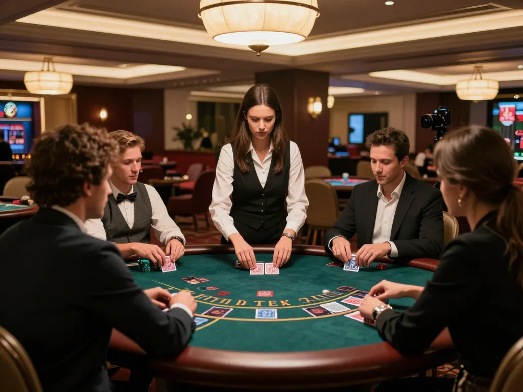 Players strategizing at hit club blackjack table, surrounded by luxury casino atmosphere