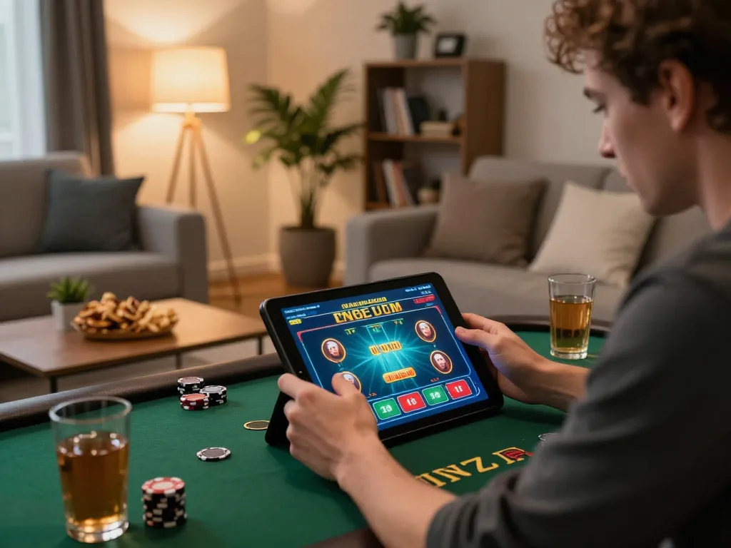 Net88 user enjoys online gambling experience with tablet showcasing poker interface.