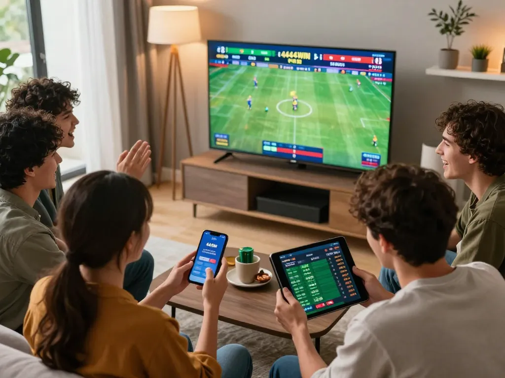 Friends immersed in sports betting excitement on the 4444WIN plataforma, capturing a vibrant home atmosphere.