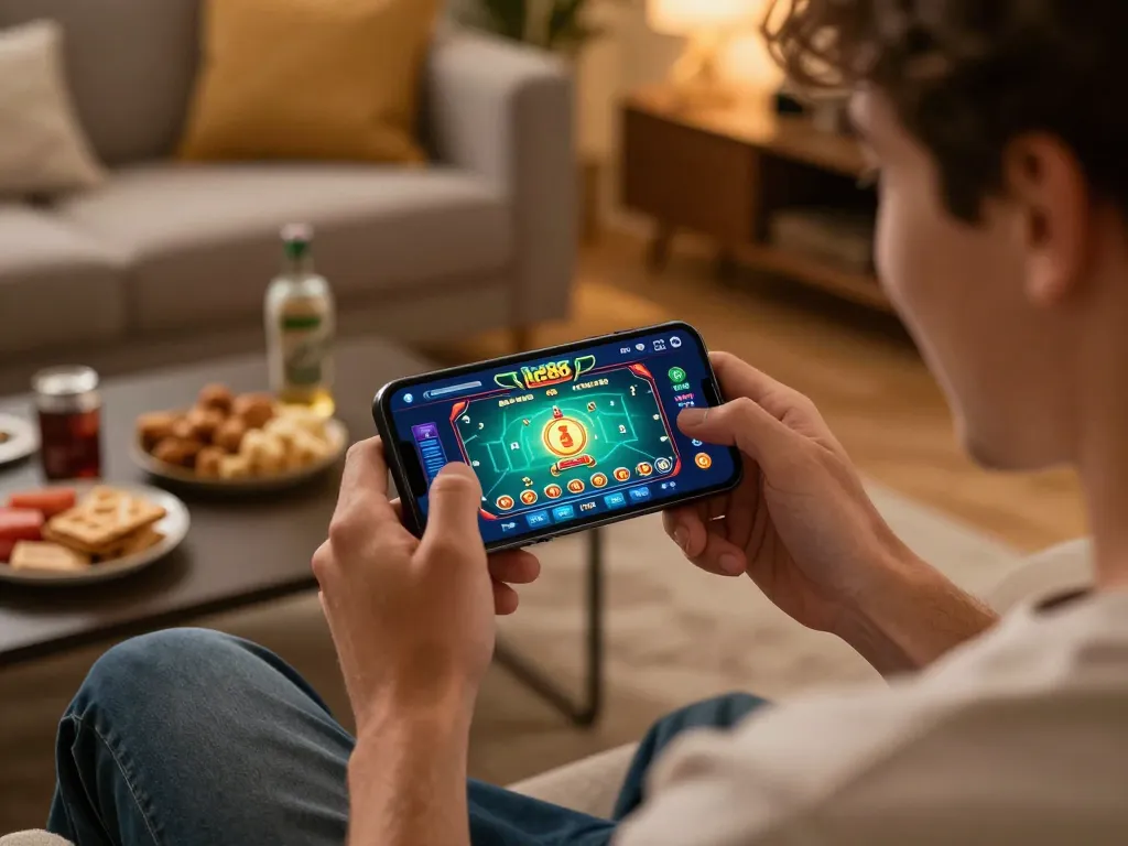 Player enjoying the lc88 casino app on smartphone in a cozy home setting with snacks.