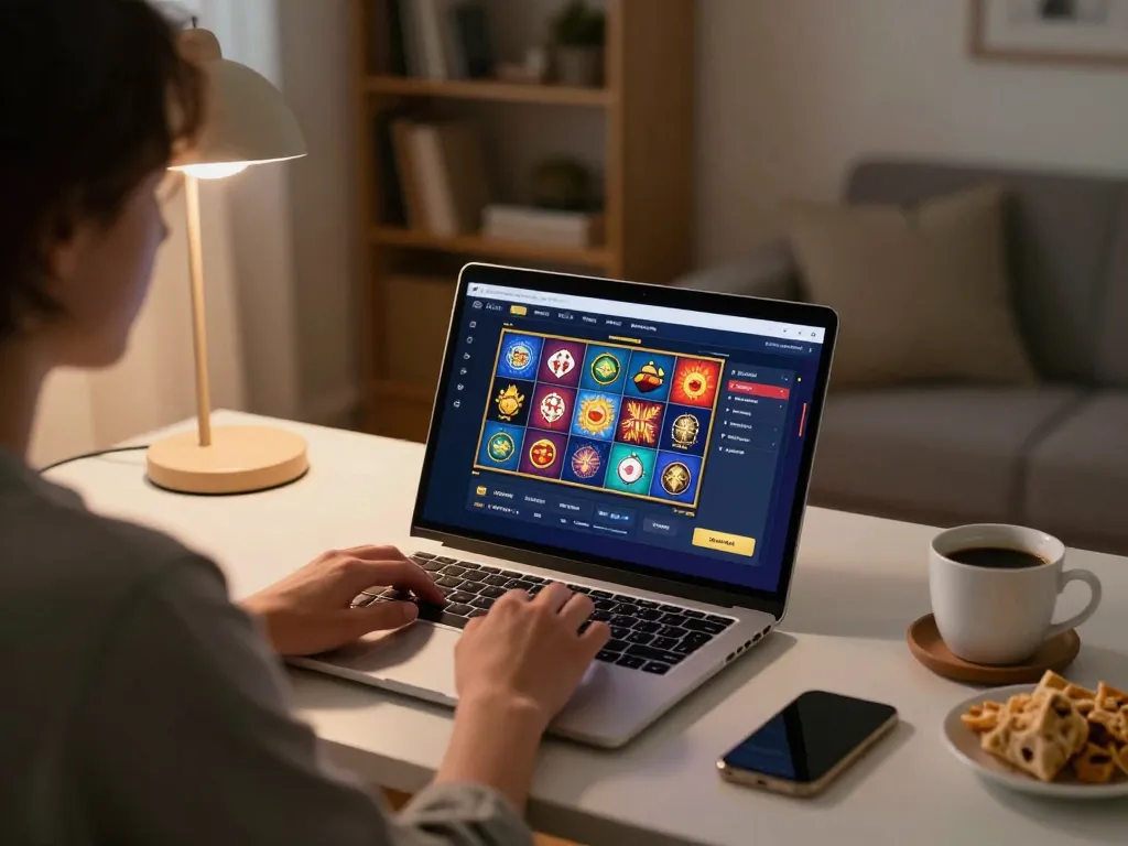 Dabet đăng nhập through laptop, showcasing online casino experience in a cozy home setting.