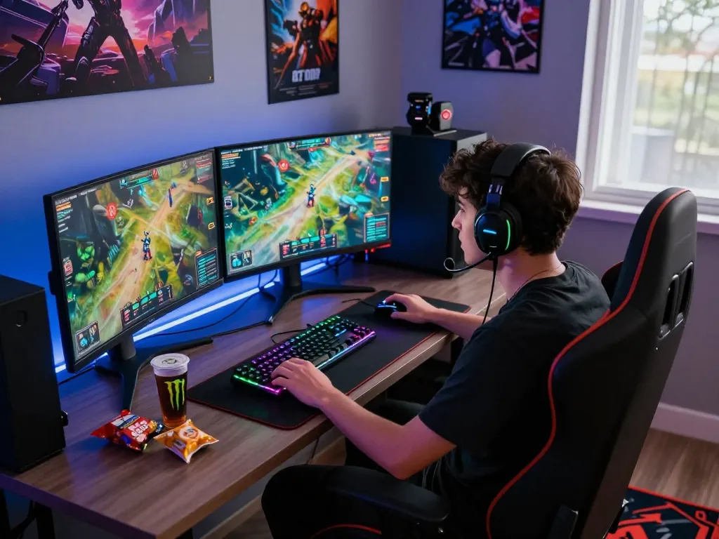 Gamer at c168.date engaged in an intense online multiplayer session, surrounded by high-tech equipment and vibrant game graphics.