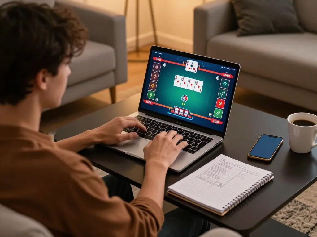 Au88 players enjoying an intense online poker game at home with vibrant interface.
