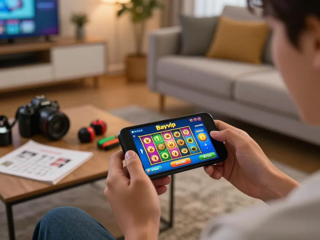 Player engaging with the Bayvip interface on a smartphone, enjoying online gaming in a cozy home setting.