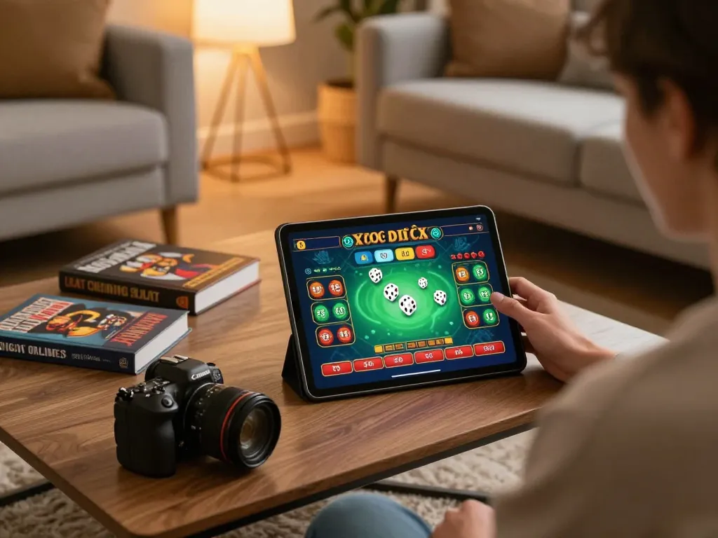xóc đĩa online gameplay on a tablet in a cozy home setting