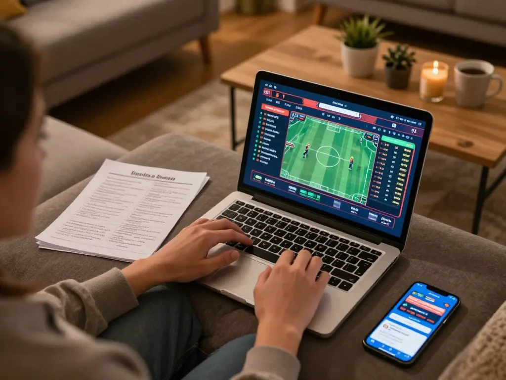 Betting on sbobet with vibrant sports odds displayed on laptop in a cozy home scene