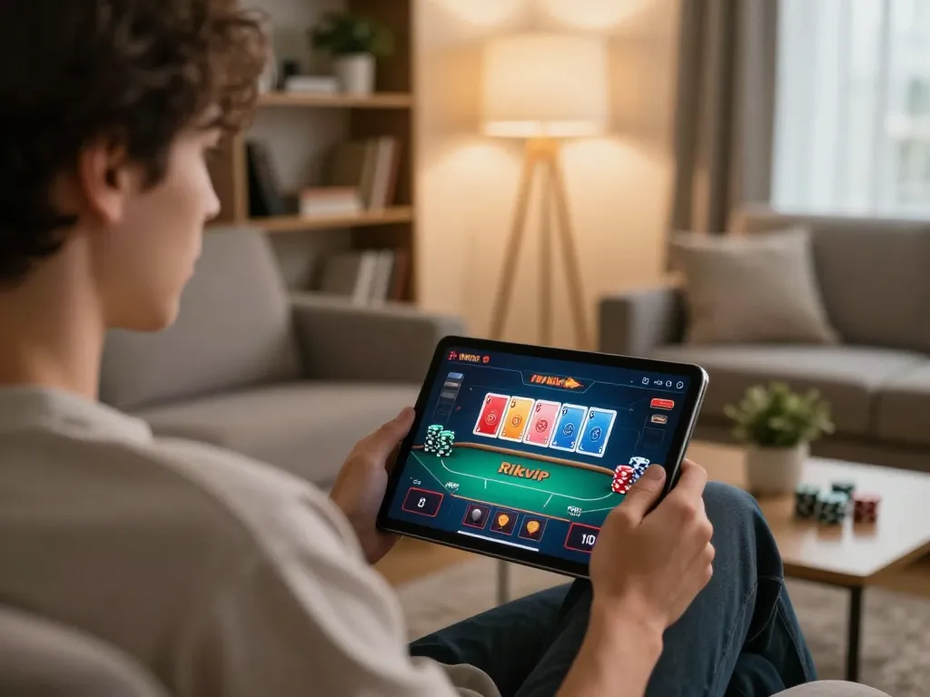 Engaged player enjoying Rikvip online casino games on a tablet at home.