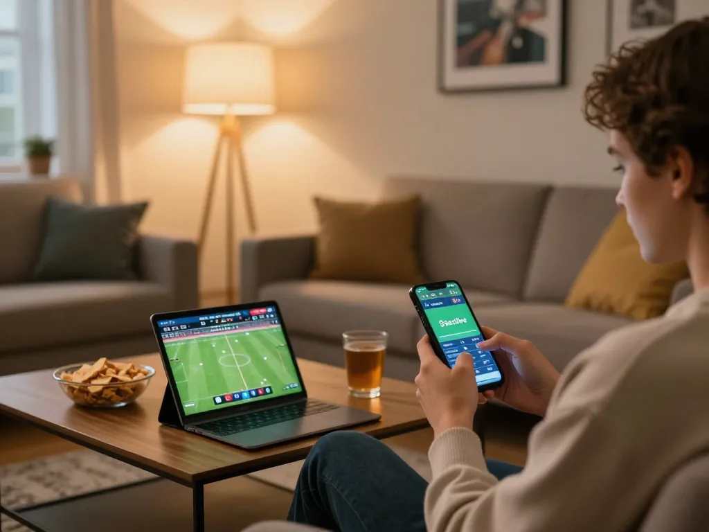 Socolive user placing live football bets on smartphone during a cozy home match.